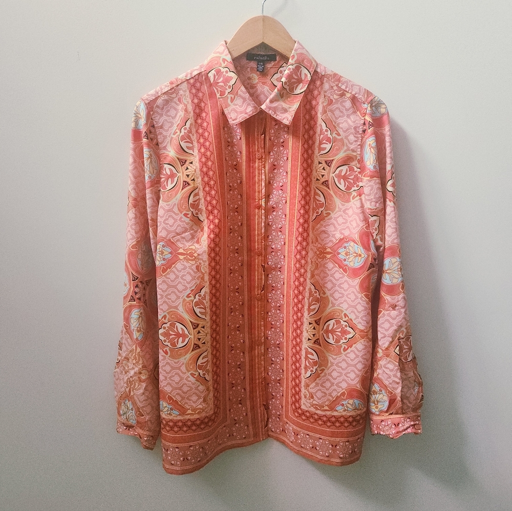 Rafaella Paisley Print Button Up Blouse Womens Large Convertible Long Sleeve